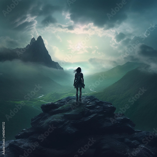 A Girl Standing on a Cliff Looking at a Vast Fantasy Landscape Generative AI