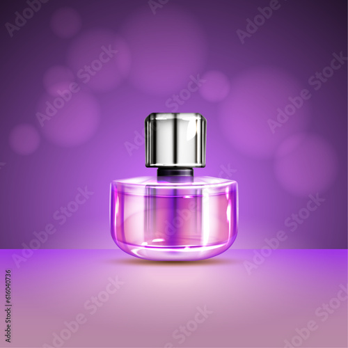 Perfume Bottle On Silk Folded Fabric Background. Glass Flask With Dark Blue Liquid, Packaging Design Mock Up. Scent Fragrance Cosmetic Beauty Product, Promo Ad Banner. Realistic 3d Vector Illustration