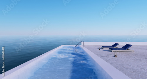 Beach house Hotel Resort poolside and chairs looking out, swimming pool close to the sea and sky perfect for relaxing. luxury 3d rendering with sea view santorini island style.