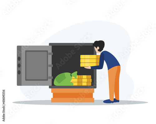 Back view of cartoon female puts money in safe deposit box. Concept of banking services. Modern finance management process. Business investment profit. Vector