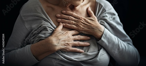 Old woman dealing with heart disease. Grandmother shivering and touching her chest