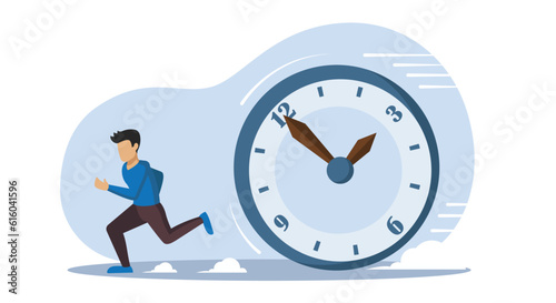 Failure to meet tight project deadlines. Man escaping responsibility. Faceless adult person running away from huge rolling clock. Flat vector illustration