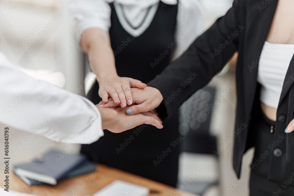 Team of professionals celebrating success at meeting room. giving each other a high five. business finance, teamwork Team of professionals celebrating success at meeting room. giving each other a high five. business finance, teamwork