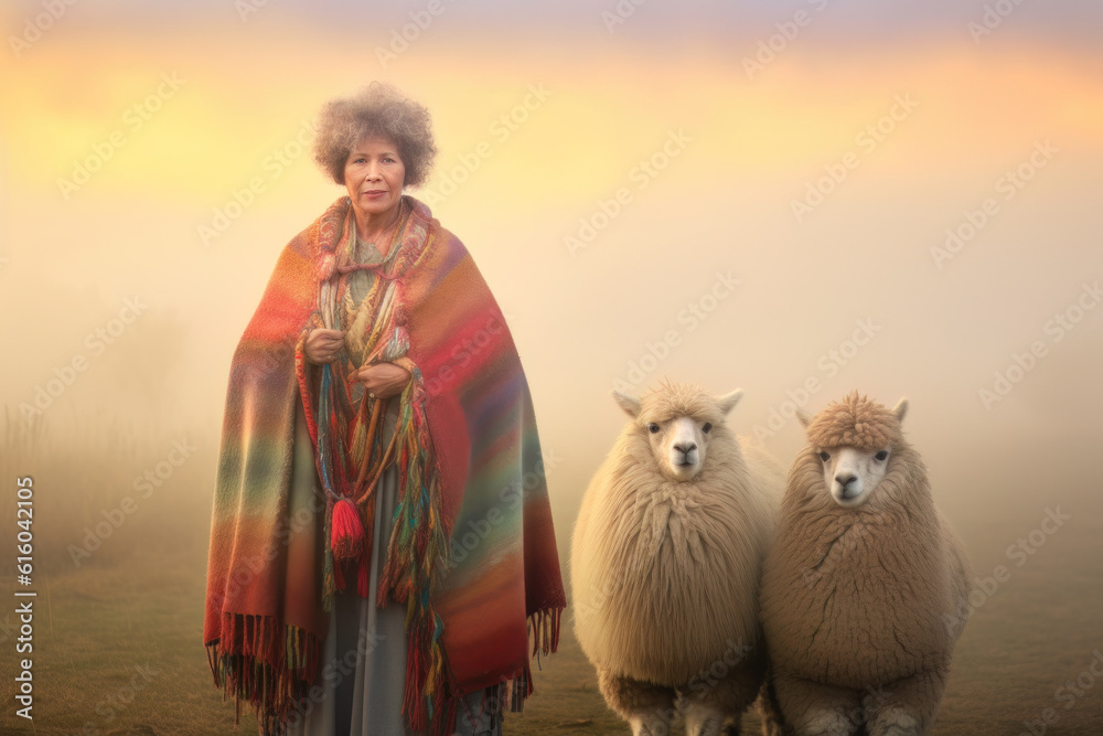AI generated portrait of middle aged woman in a traditional Woollen ponchos in a meadow against the backdrop of the Ands with alpaca