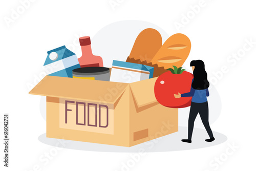 Female character packing food as donations. Humanitarian aid organization. Grocery for needy and poor people. Preparing boxes for charity. Vector flat style illustration