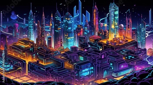 Game concept of a night futuristic city . Fantasy concept   Illustration painting.