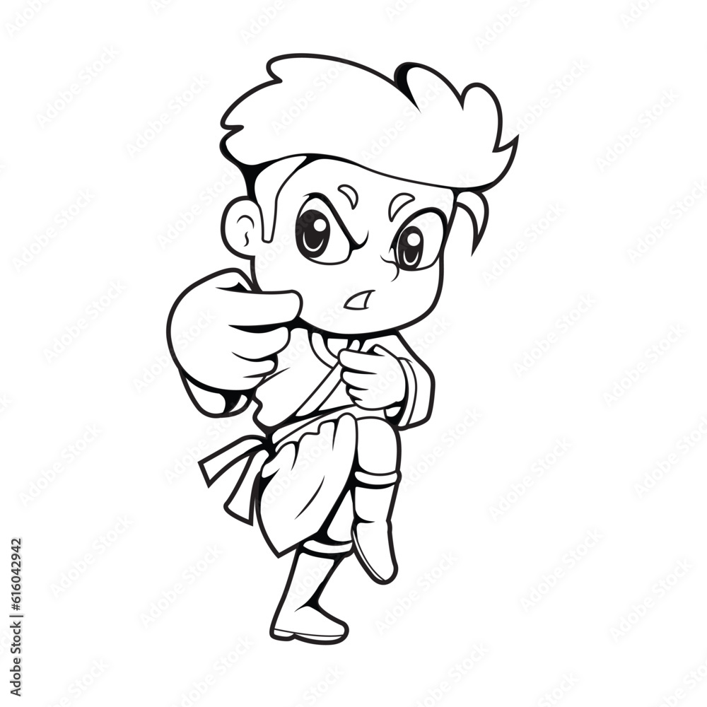 Cartoon Little Boy doing Kung Fu pose Vector Line drawing isolated background, coloring book