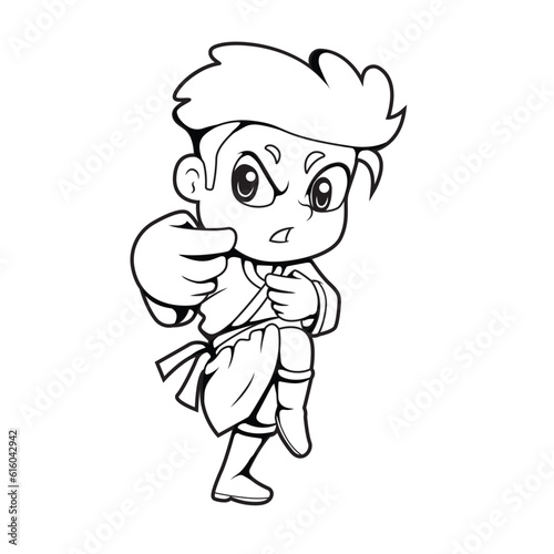 Cartoon Little Boy doing Kung Fu pose Vector Line drawing isolated background, coloring book