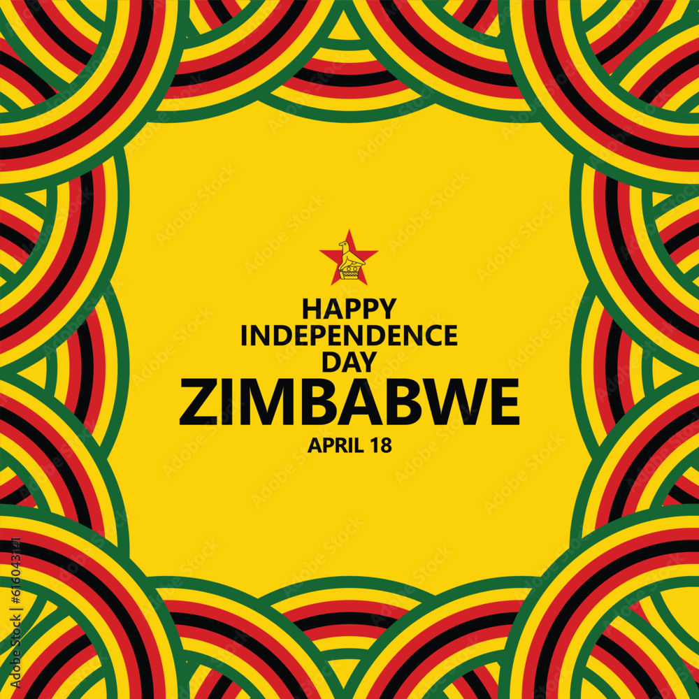 Zimbabwe independence day celebration vector template with national ribbon flags. National day greeting card with yellow color theme. African country public holiday. - obrazy, fototapety, plakaty 