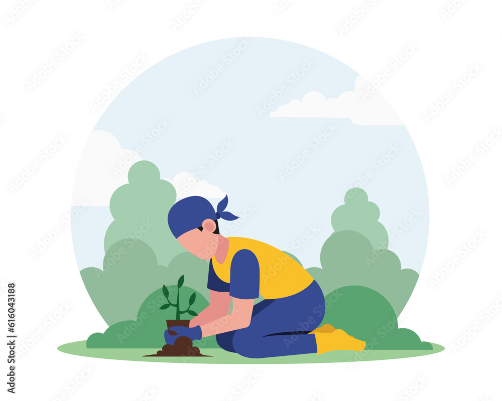 Cartoon man volunteer planting trees outdoors. Process of taking care of environment. Social charity activities. Volunteers working. Vector flat style illustration