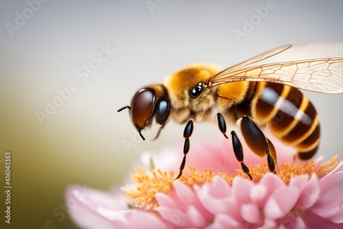 Honeybee collecting nectar from flower. Macro or close up of beautiful insect. Generative AI.
