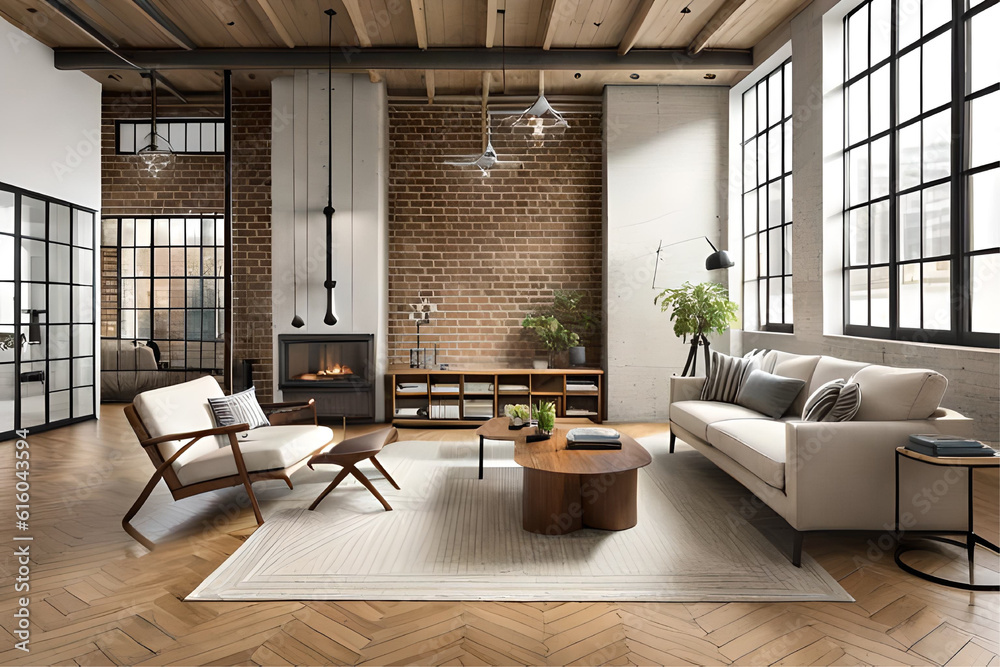 View of Interior design of an industrial chic living room that incorporates ...