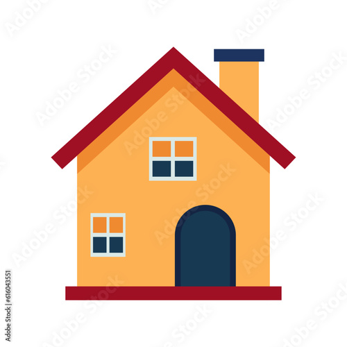 yellow house icon with two windows and chimney on roof isolated on white background using vector illustration art