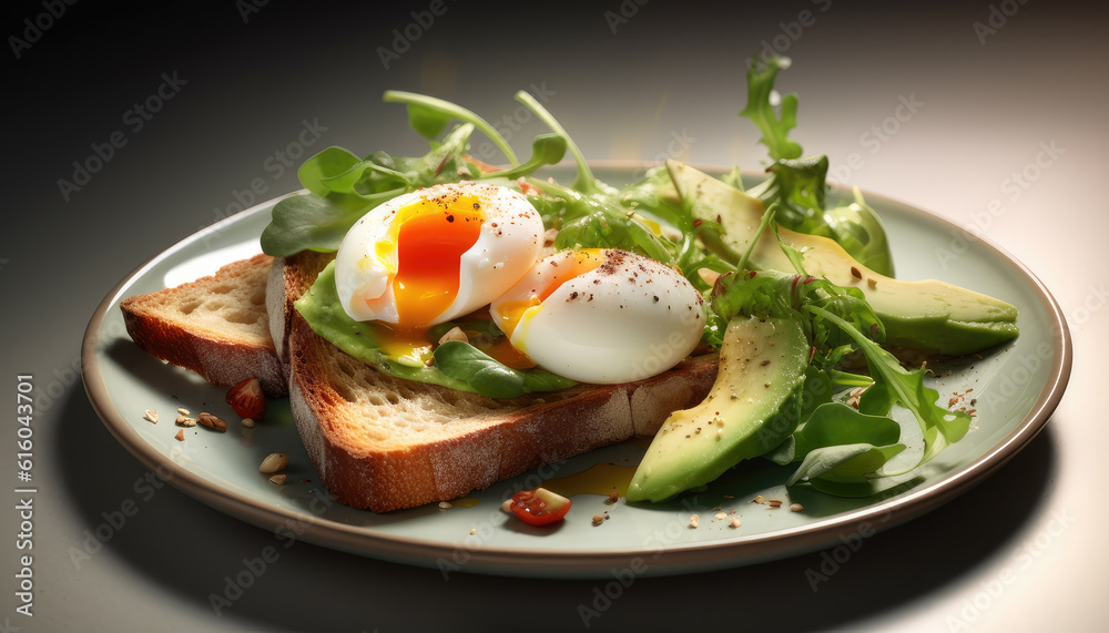 Healthy breakfast with avocado egg and toast on a large plate