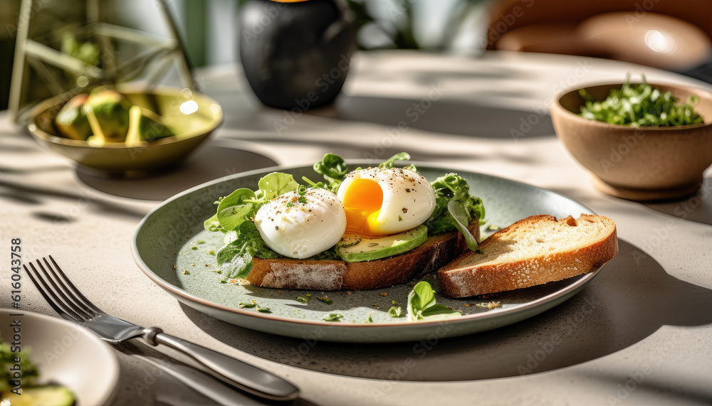 Healthy breakfast with avocado egg and toast on a large plate