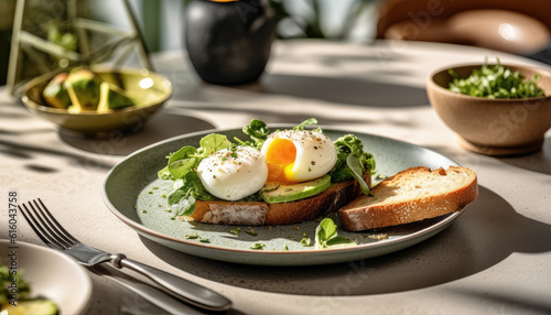 Healthy breakfast with avocado egg and toast on a large plate