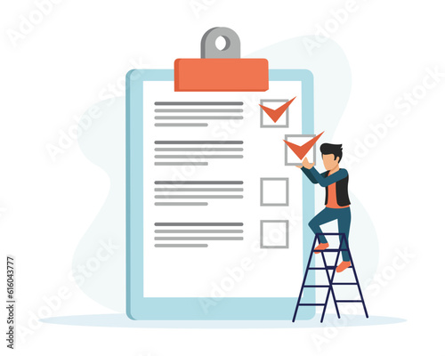 Faceless cartoon guy check off completed items on to do list. Cartoon characters making notes. Work planning and time management concept with people. Vector illustration