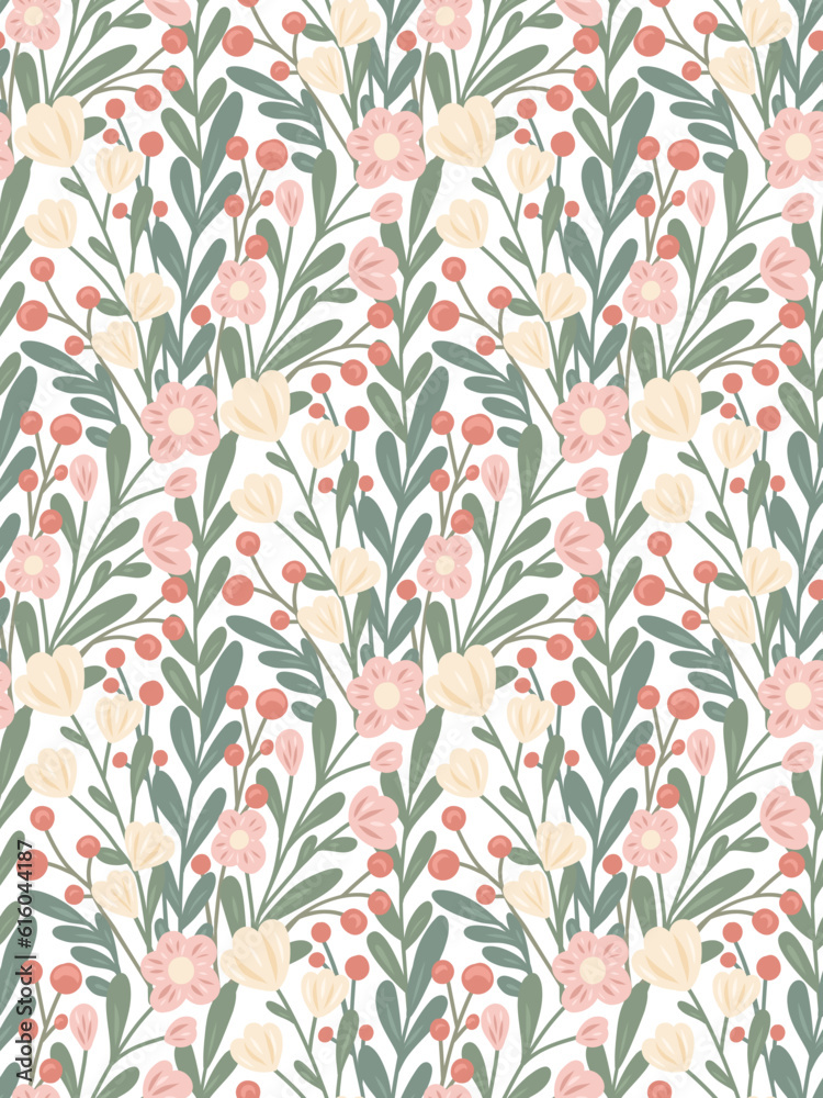 Vector rural ditsy pattern. Seamless shabby chic texture. Background with branches, foliage, flowers and berries Vector rural ditsy pattern. Seamless shabby chic texture. Background with branches, foliage, flowers and berries