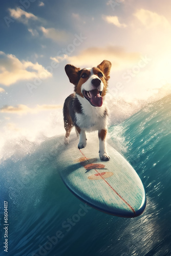 Hund surft auf einer Welle KI © KNOPP VISION