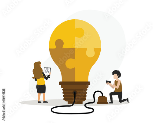 Group of people participating in teamwork. Woman with scheme in hands and man with tablet gathered around large light bulb puzzle. Flat vector illustration