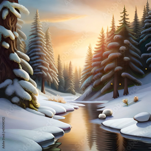 River in winter snowy pine forest. Generative AI.