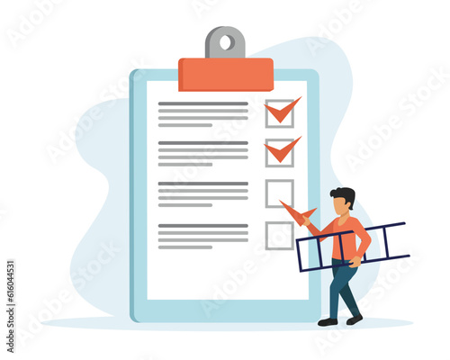 Faceless man comes with stepladder to check off completed items on to do list. Cartoon characters making notes. Work planning and time management concept with people. Vector