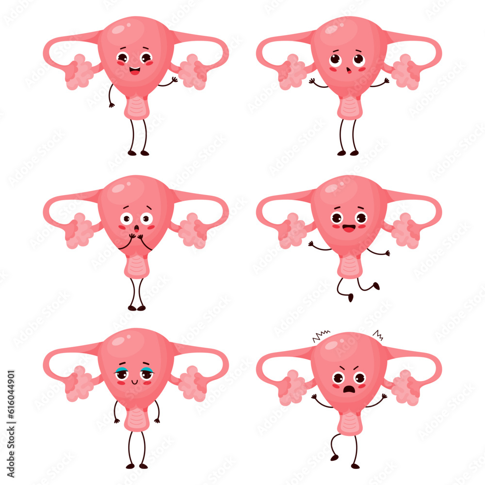 Collection cute female cartoon uterus. Human reproductive organ character with different emotions. Isolated Vector illustrations on white background.