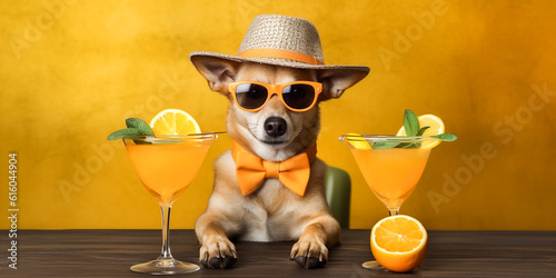 Fototapeta Naklejka Na Ścianę i Meble -  Hund mit Cocktail im Urlaub KI