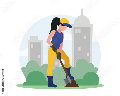 Faceless girl volunteer planting trees. Process of taking care of environment. Social charity activities. Volunteers working. Vector flat style illustration