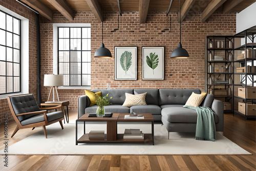 Interior design of an industrial chic living room that incorporates exposed bricks, metal finishes, wooden elements, and vintage machinery-inspired decor with a touch of luxury | Generative AI