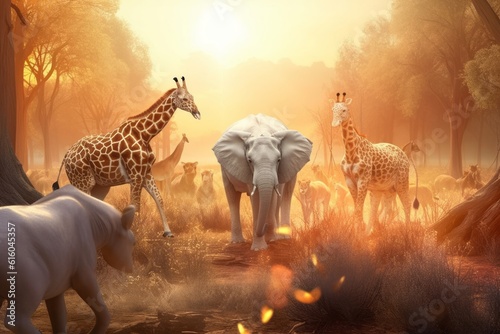 Dramatic Wildlife Escape: Fantastic CGI Art Depicting a Group of African Animals Fleeing from a Forest Fire in Summer's Sunny Light, Featuring Elephants, Giraffes, Rhinoceros, Parrots, and Buffalos