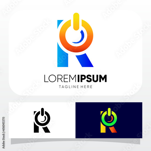 Letter R Initial Power Button Logo Design Vector Icon Graphic Emblem Illustration 