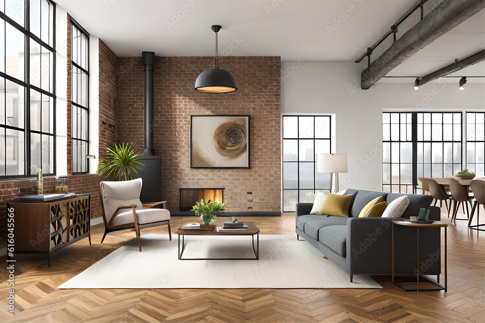 Interior design of an industrial chic living room that incorporates ...