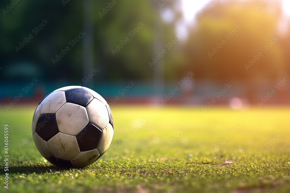 Fototapeta premium Soccer ball on grass sports field with copy space.