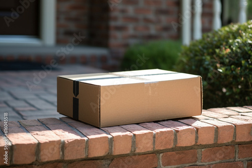 Cardboard box parcel delivered in front of entrance door