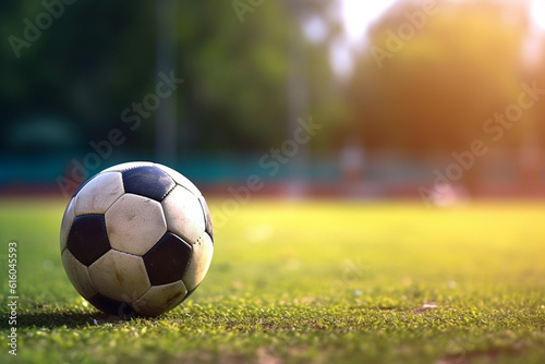 Soccer ball on grass sports field with copy space.