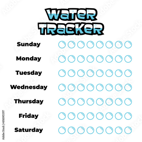 Daily water tracker balance vector calendar. Habit tracker concept and for effective planning. Drinking enough water, hydration challenge. Cute character in retro groovy style.