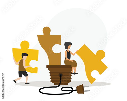 Joint efforts of colleagues. Faceless dark-haired male carrying part of puzzle in hands towards female seated on light socket. Flat vector illustration