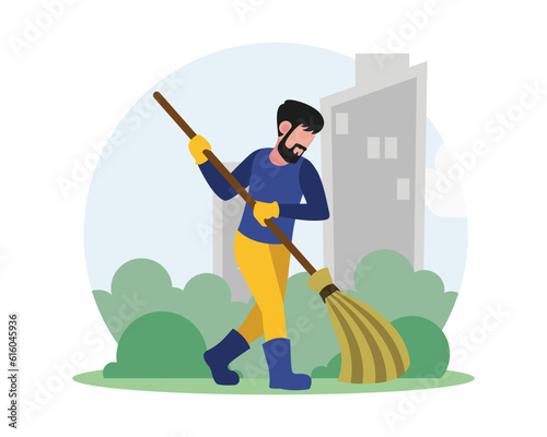 Bearded faceless guy volunteer sweeping streets with broom. Volunteer taking care of environment. Social charity activities in city. Gathering trash for recycling. Vector