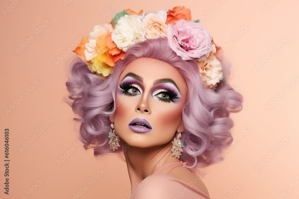 Portrait of beautiful drag queen with violet hair on pastel background