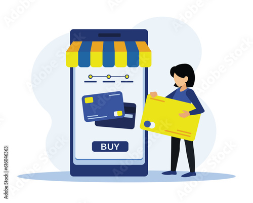 Lady holding big credit card, buying things online. Character using online payment and delivery order service. Mobile app payment by credit card for express delivery package. Vector illustration