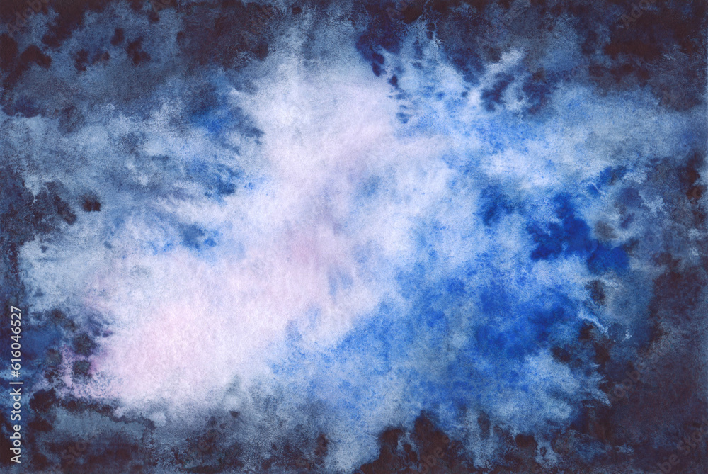 Watercolor, abstract, fantasy background of the night sky, nebula, space in blue and indigo shades. Template for design, decoration, banner with place for text. Hand drawn in watercolor on paper.