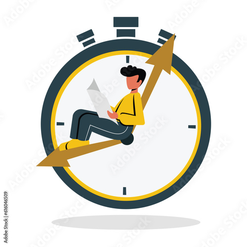 Faceless cartoon man read newspaper. Man with clock time management concept. Productivity, deadline and time to take brake. Vector flat style illustration
