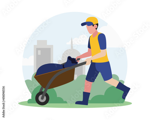 Faceless guy volunteer takes out trash on cart in bag. People taking care of environment. Social charity activities to save planet. Volunteer gathering trash for recycle. Vector