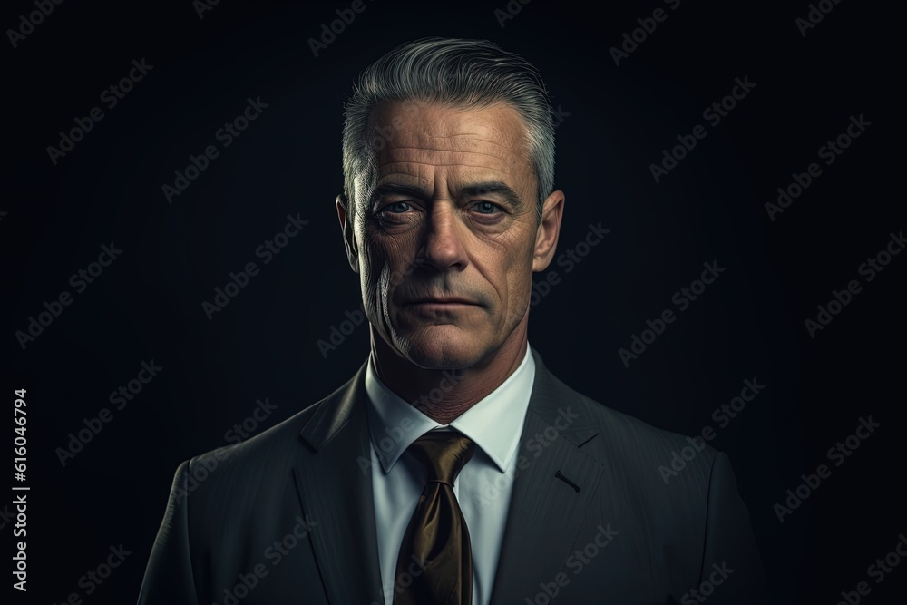 Portrait of mature businessman in suit looking at camera on black background.Generative Ai Portrait of mature businessman in suit looking at camera on black background.Generative Ai