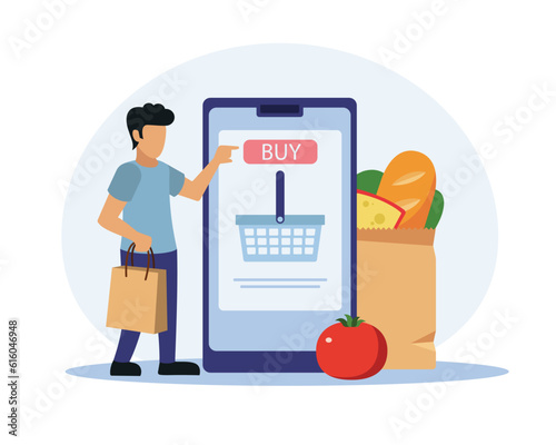 Young man standing near big mobile, select and buying fresh food, use mobile app. Character order food online. Fast deliver concept. Vector illustration in blue and red colors