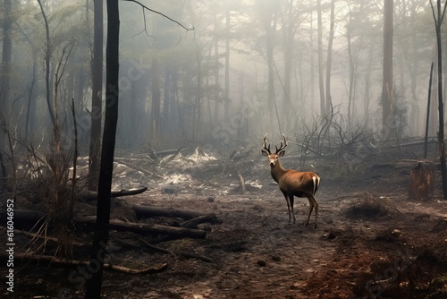 森林火災で焼け出された鹿：AI作品  © fumoto-lab