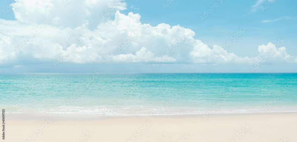 Fototapeta premium Panorama landscape of Tropical summer beach sand and beautiful sky background.