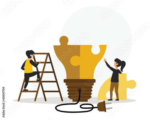 Two people taking part in puzzle assemblage. Faceless woman pointing index finger at unfinished light bulb puzzle to man climbing ladder. Flat vector illustration