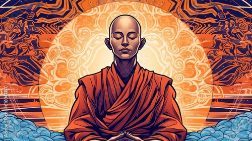 Buddhist monk meditating . Fantasy concept , Illustration painting. photo